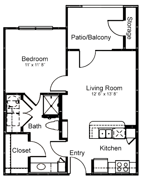 Floor plan for 1 bed, 1 bath, 610 sqft